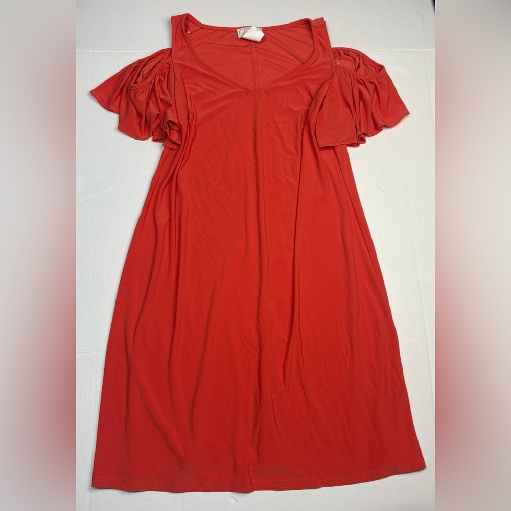 Ivy Lane Women’s Small Orange Coral Dress Midi Cold Shoulder Ruffle Sleeve Poly